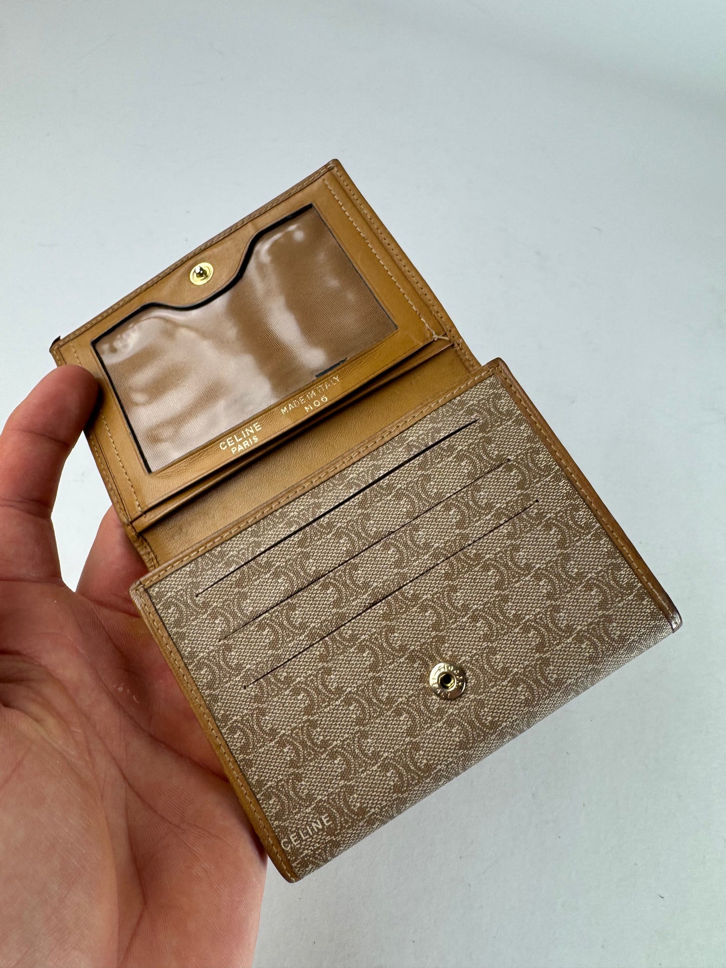 Vintage Celine Paris Leather Monogram Wallet Beige Brown