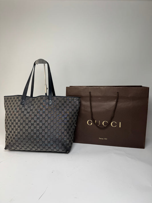 Vintage Gucci Monogram Canvas Leather Tote Bag Silver Black