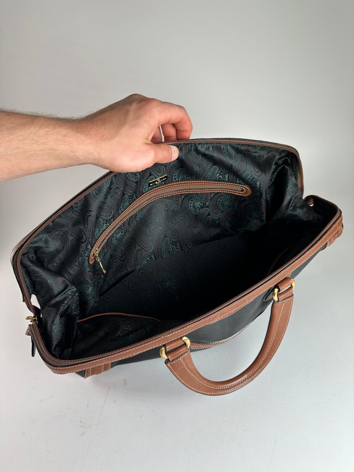 Vintage Balenciaga BB Logo Grained Leather Duffel Bag Black Tan