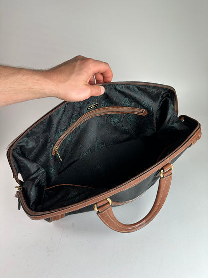 Vintage Balenciaga BB Logo Grained Leather Duffel Bag Black Tan