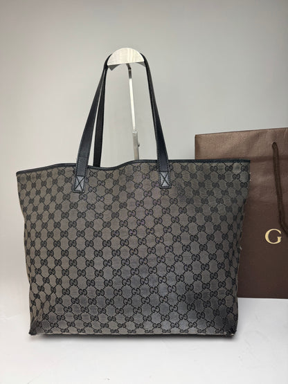 Vintage Gucci Monogram Canvas Leather Tote Bag Silver Black