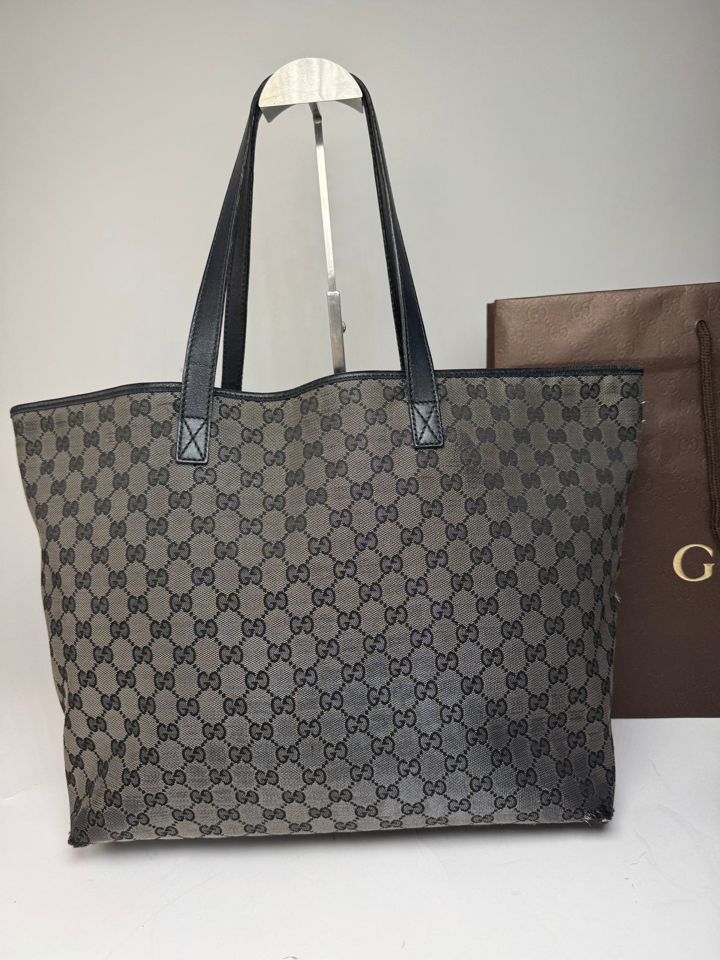 Vintage Gucci Monogram Canvas Leather Tote Bag Silver Black