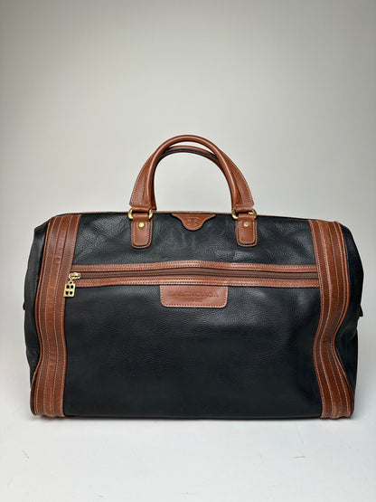 Vintage Balenciaga BB Logo Grained Leather Duffel Bag Black Tan