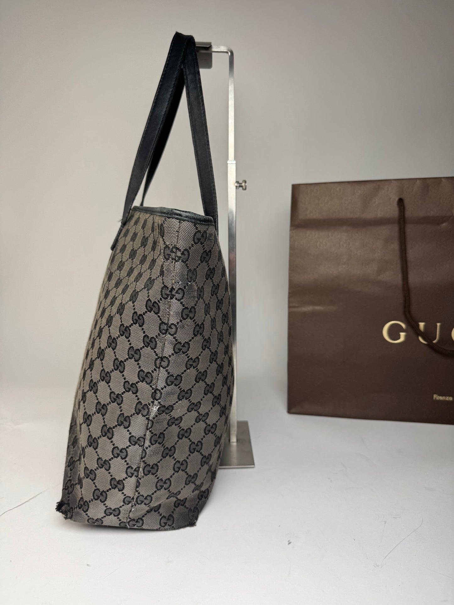 Vintage Gucci Monogram Canvas Leather Tote Bag Silver Black