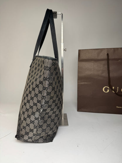 Vintage Gucci Monogram Canvas Leather Tote Bag Silver Black