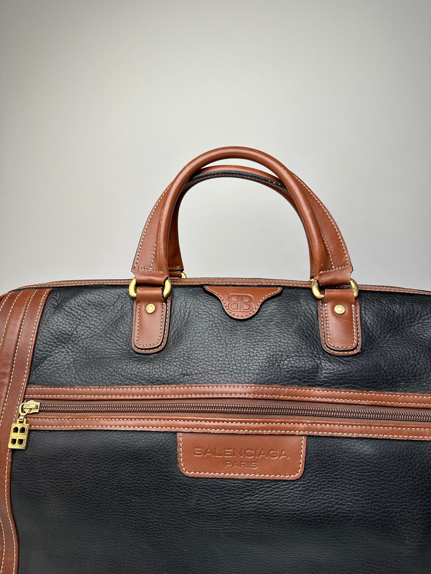 Vintage Balenciaga BB Logo Grained Leather Duffel Bag Black Tan