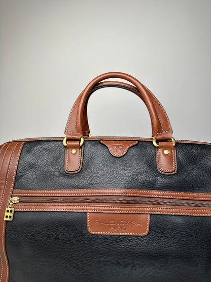 Vintage Balenciaga BB Logo Grained Leather Duffel Bag Black Tan