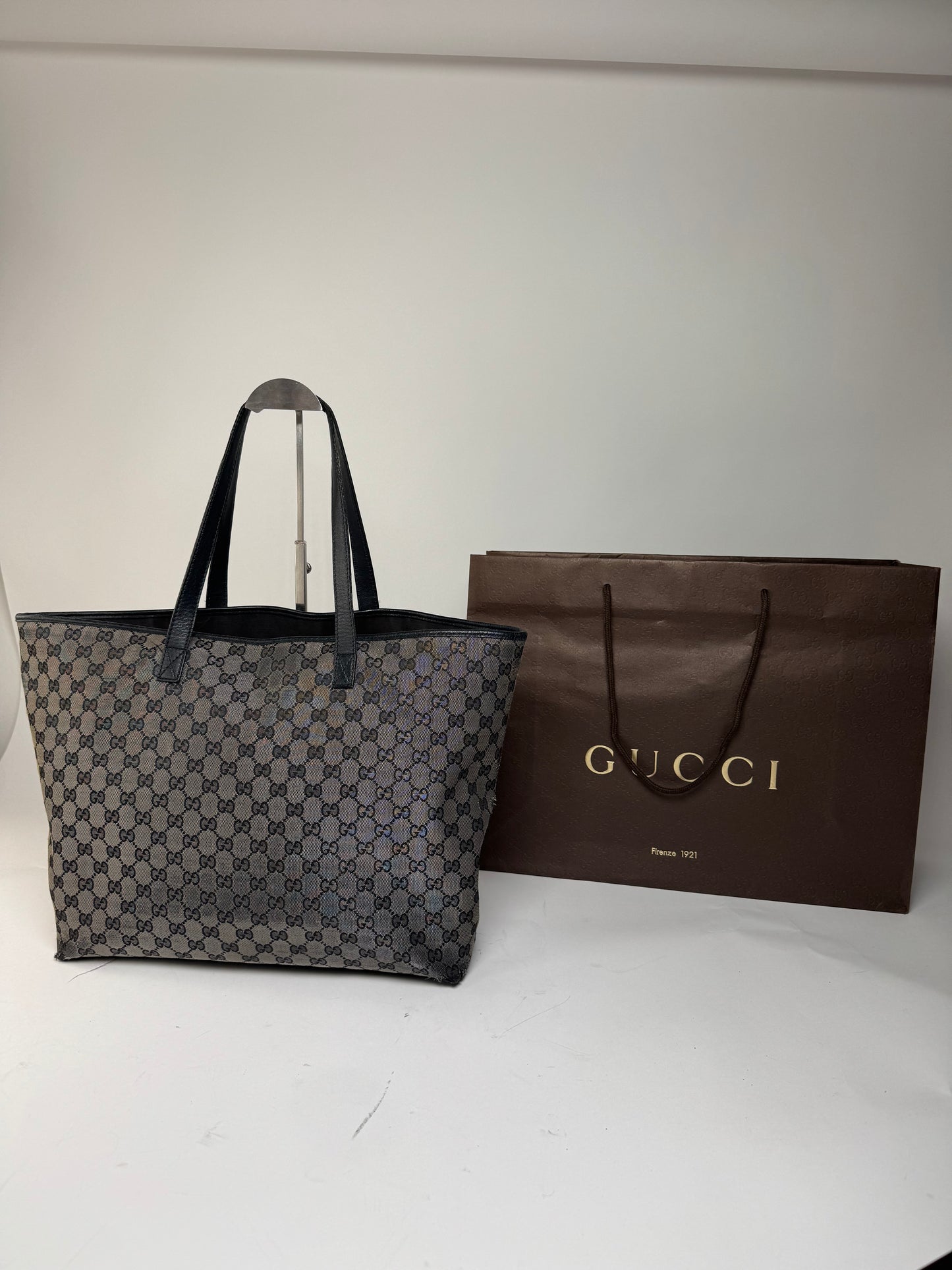 Vintage Gucci Monogram Canvas Leather Tote Bag Silver Black