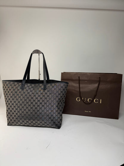 Vintage Gucci Monogram Canvas Leather Tote Bag Silver Black