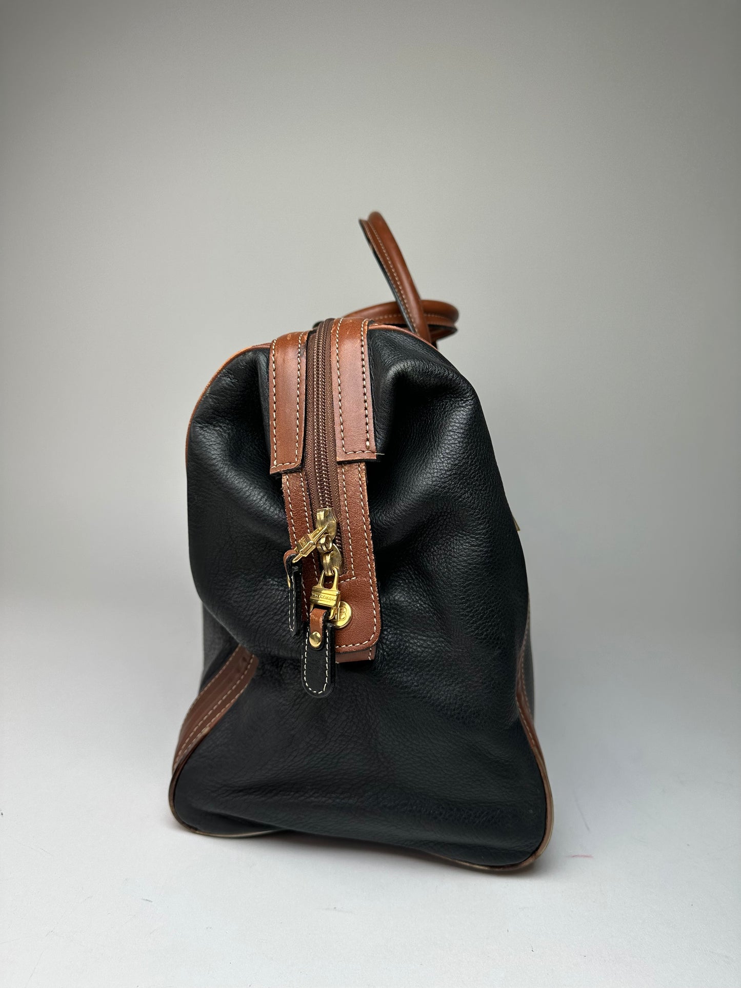 Vintage Balenciaga BB Logo Grained Leather Duffel Bag Black Tan