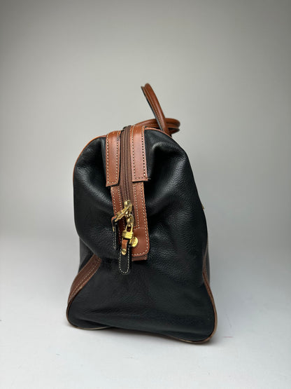 Vintage Balenciaga BB Logo Grained Leather Duffel Bag Black Tan