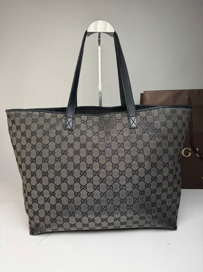 Vintage Gucci Monogram Canvas Leather Tote Bag Silver Black