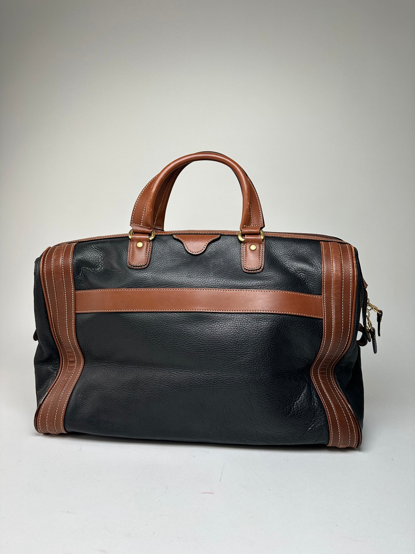 Vintage Balenciaga BB Logo Grained Leather Duffel Bag Black Tan