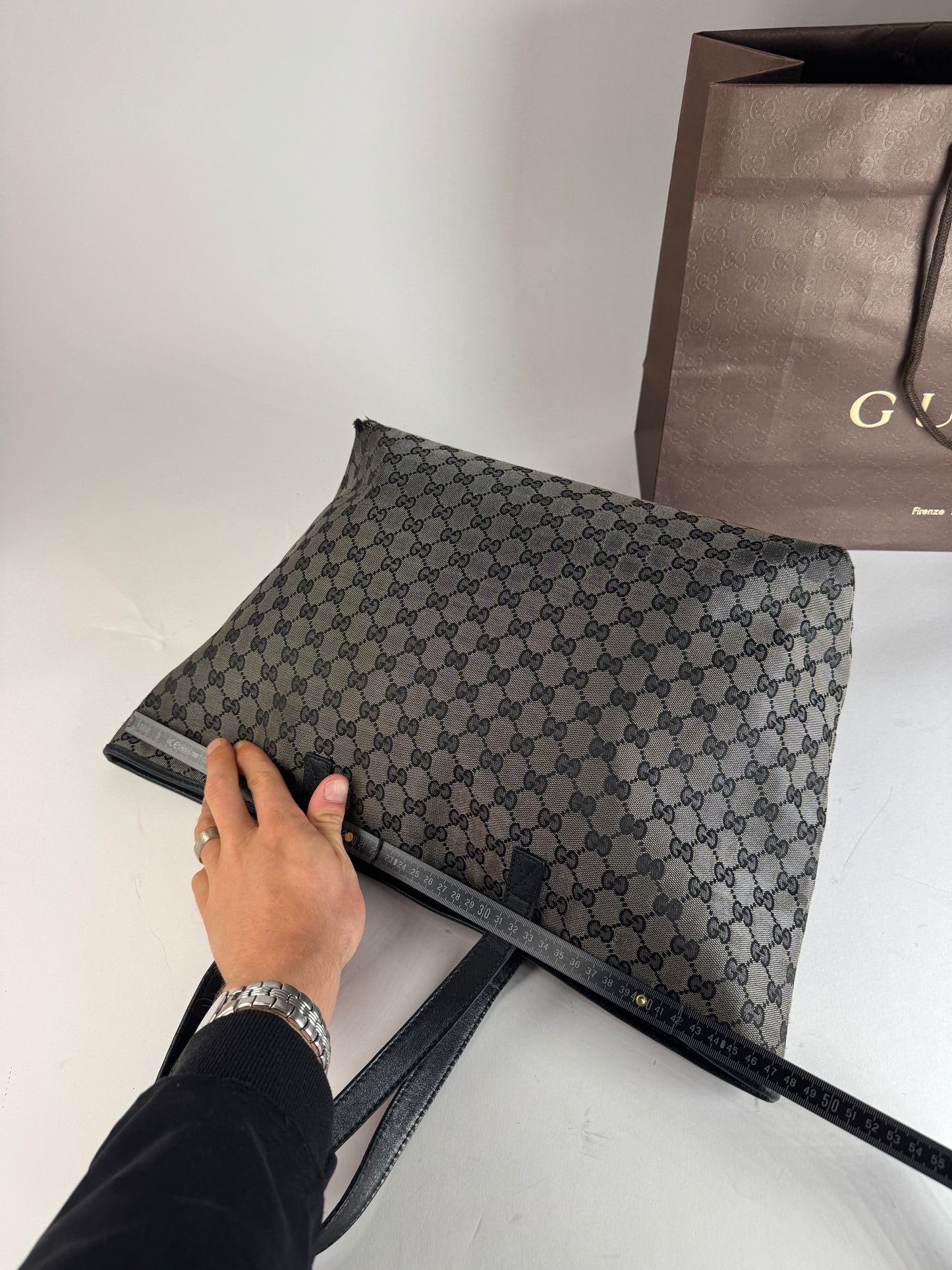 Vintage Gucci Monogram Canvas Leather Tote Bag Silver Black