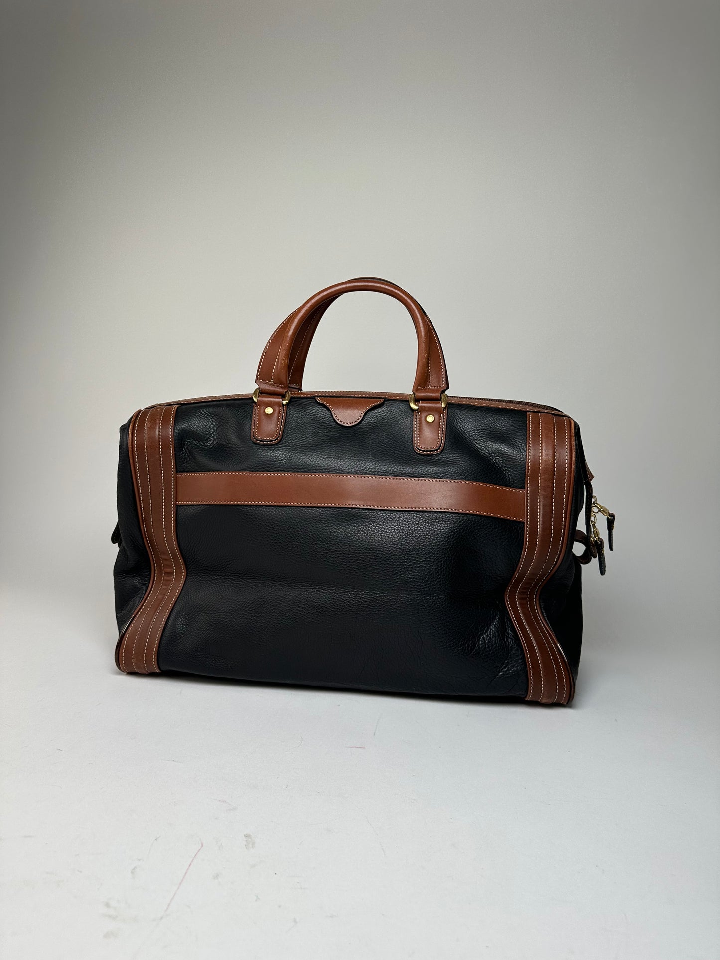 Vintage Balenciaga BB Logo Grained Leather Duffel Bag Black Tan