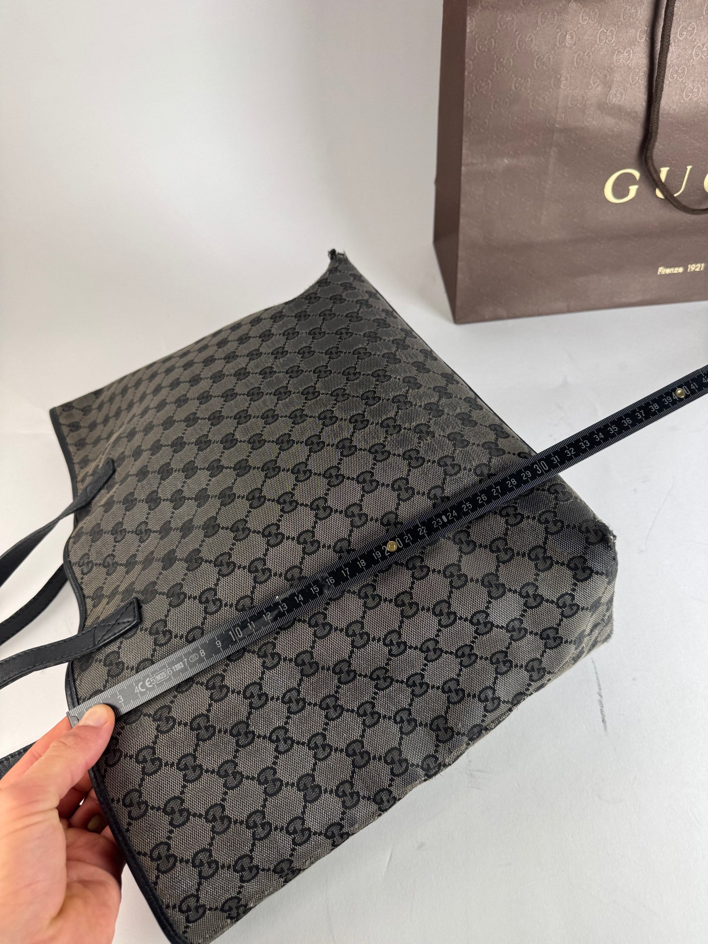 Vintage Gucci Monogram Canvas Leather Tote Bag Silver Black