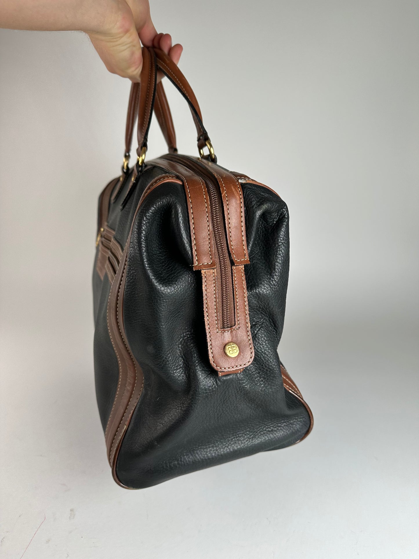 Vintage Balenciaga BB Logo Grained Leather Duffel Bag Black Tan