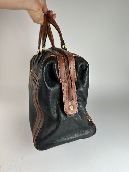 Vintage Balenciaga BB Logo Grained Leather Duffel Bag Black Tan