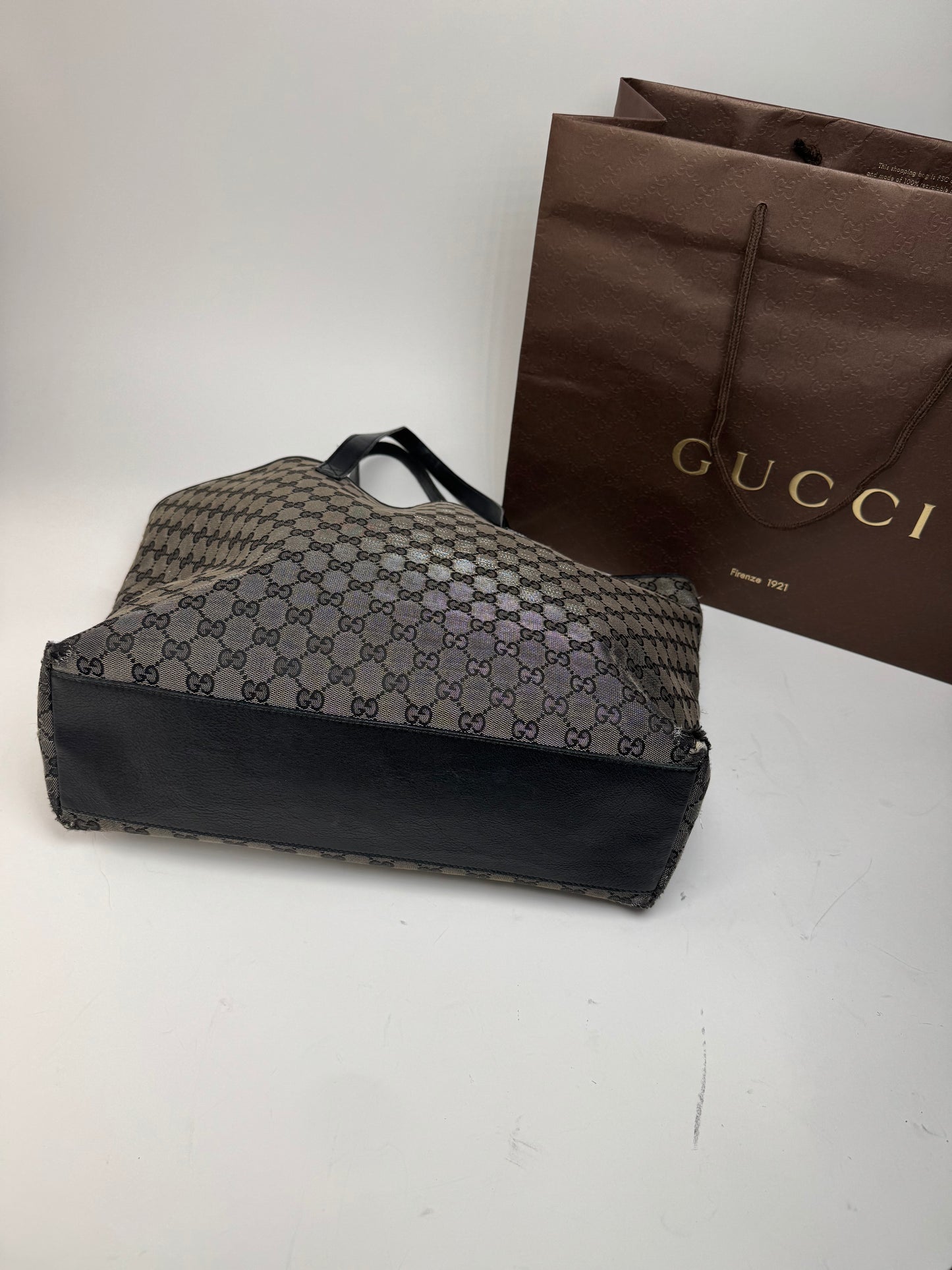 Vintage Gucci Monogram Canvas Leather Tote Bag Silver Black