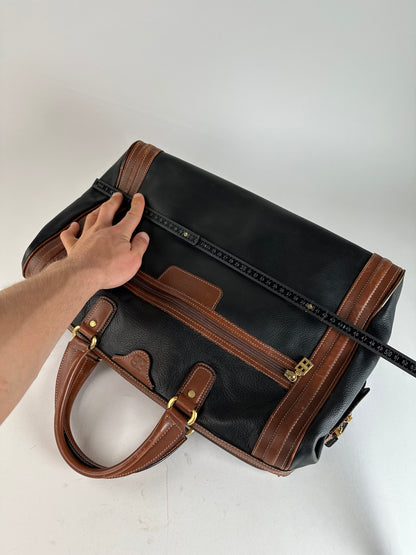 Vintage Balenciaga BB Logo Grained Leather Duffel Bag Black Tan