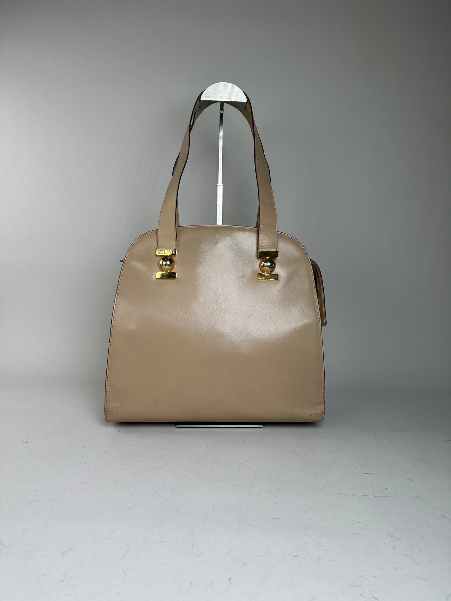 Vintage Celine Grained Leather Shoulder Bag Beige Gold