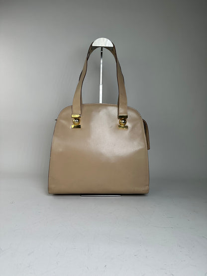 Vintage Celine Grained Leather Shoulder Bag Beige Gold