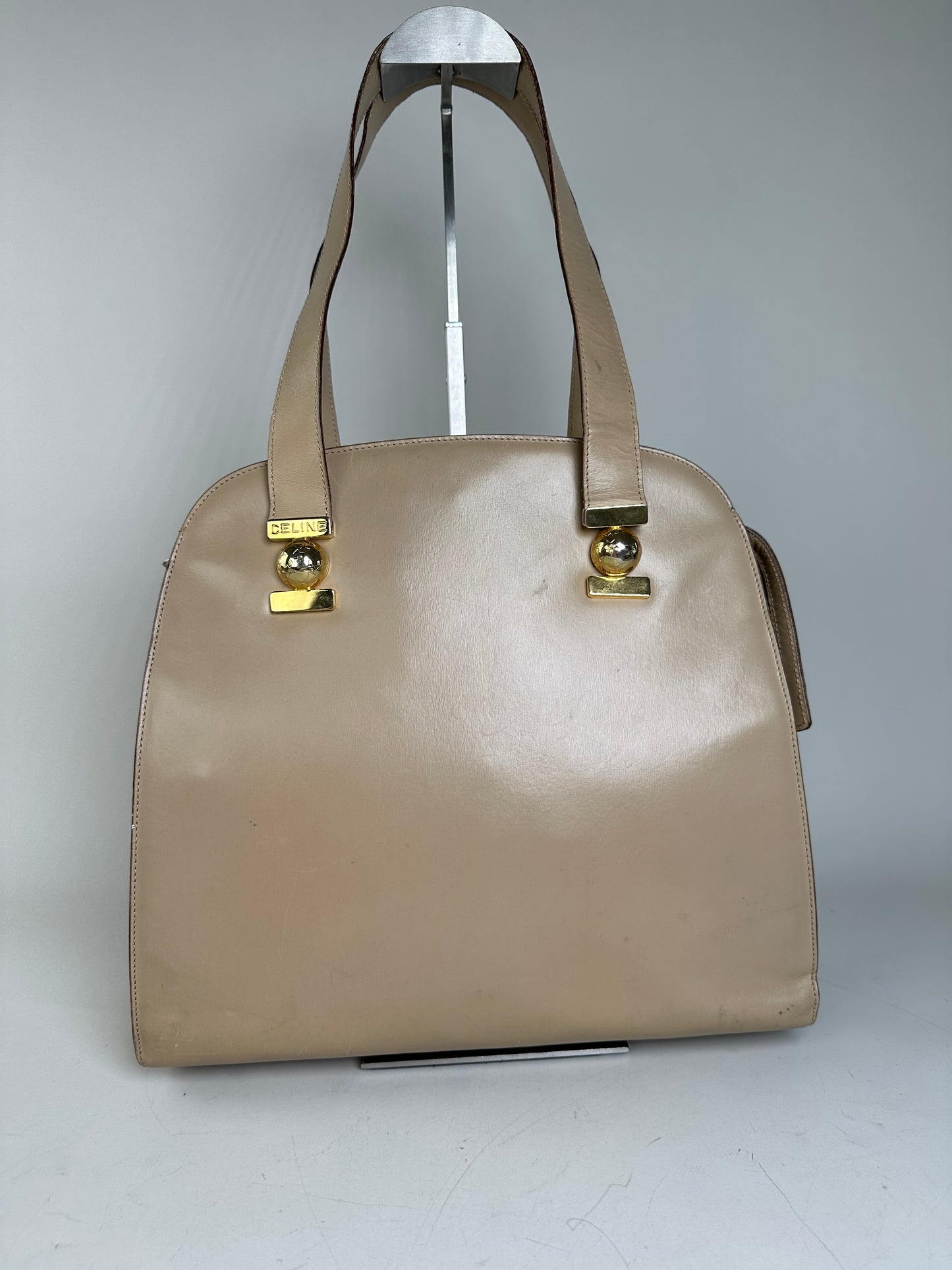 Vintage Celine Grained Leather Shoulder Bag Beige Gold