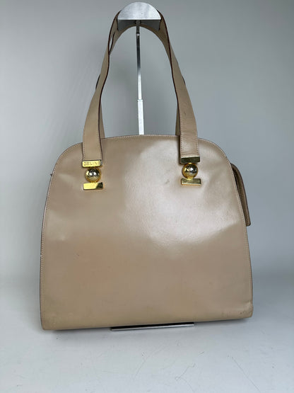 Vintage Celine Grained Leather Shoulder Bag Beige Gold