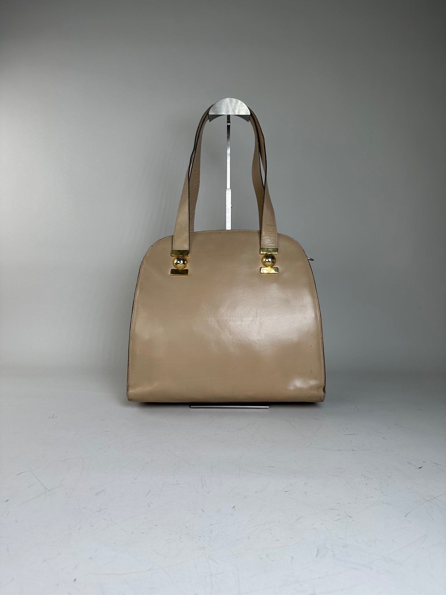 Vintage Celine Grained Leather Shoulder Bag Beige Gold