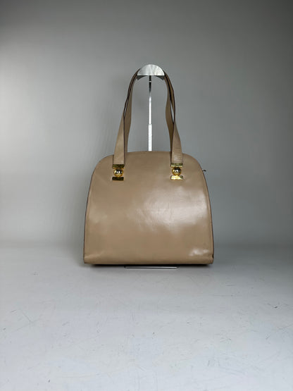 Vintage Celine Grained Leather Shoulder Bag Beige Gold