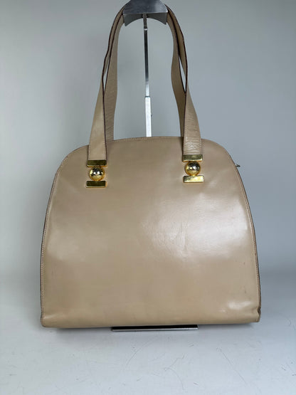 Vintage Celine Grained Leather Shoulder Bag Beige Gold