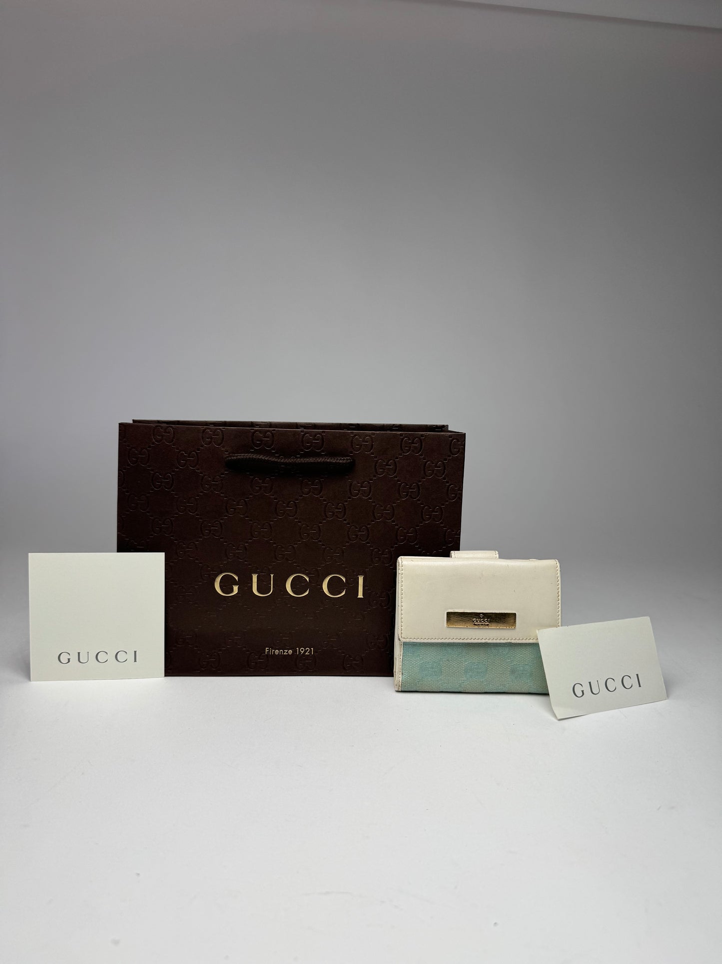 Vintage Gucci Monogram Leather Wallet white turquoise