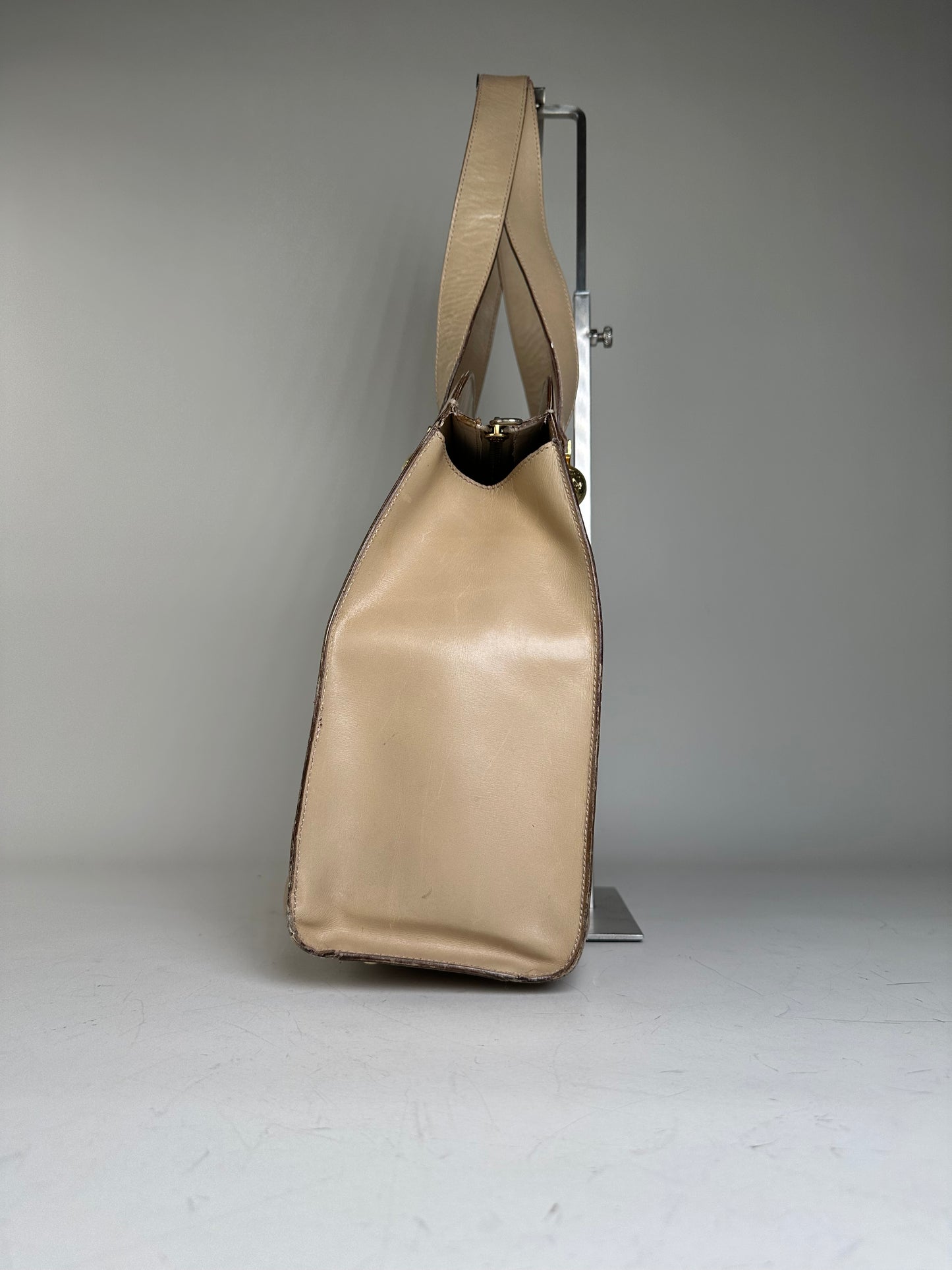 Vintage Celine Grained Leather Shoulder Bag Beige Gold