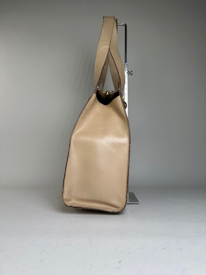 Vintage Celine Grained Leather Shoulder Bag Beige Gold