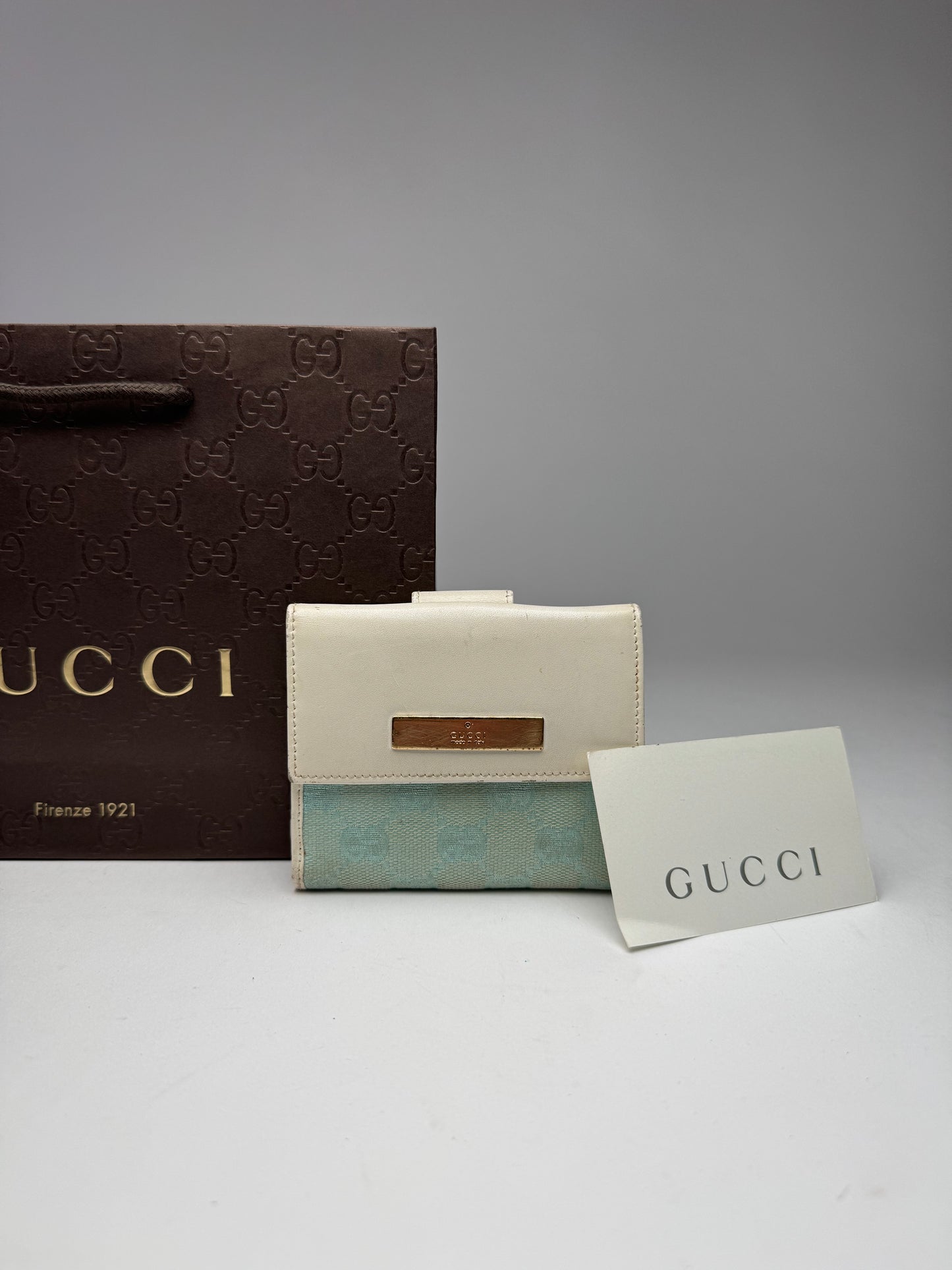 Vintage Gucci Monogram Leather Wallet white turquoise