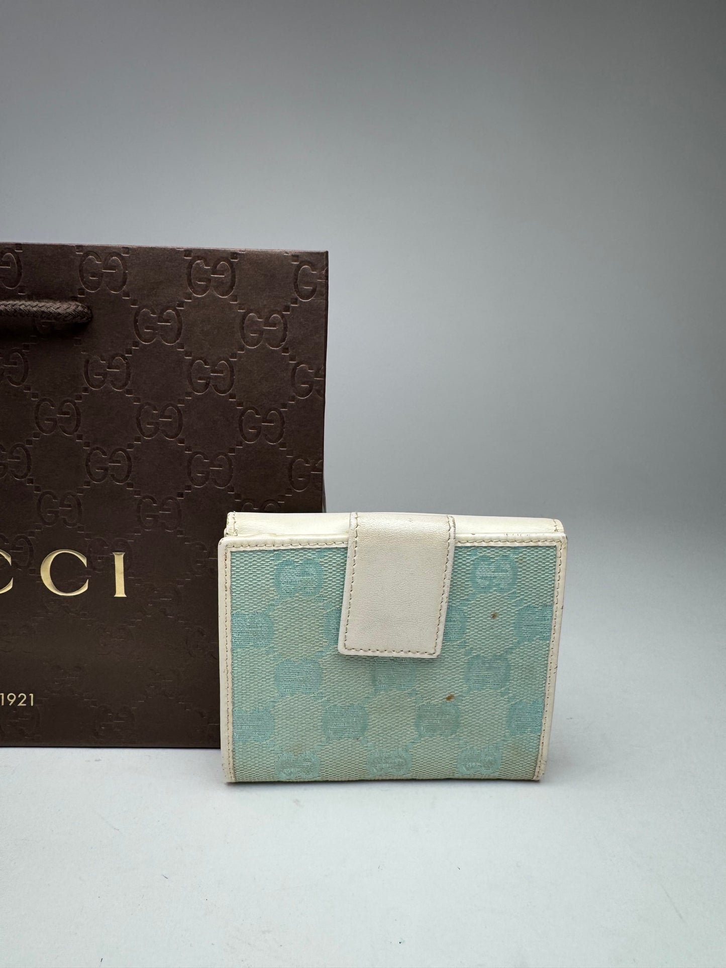 Vintage Gucci Monogram Leather Wallet white turquoise