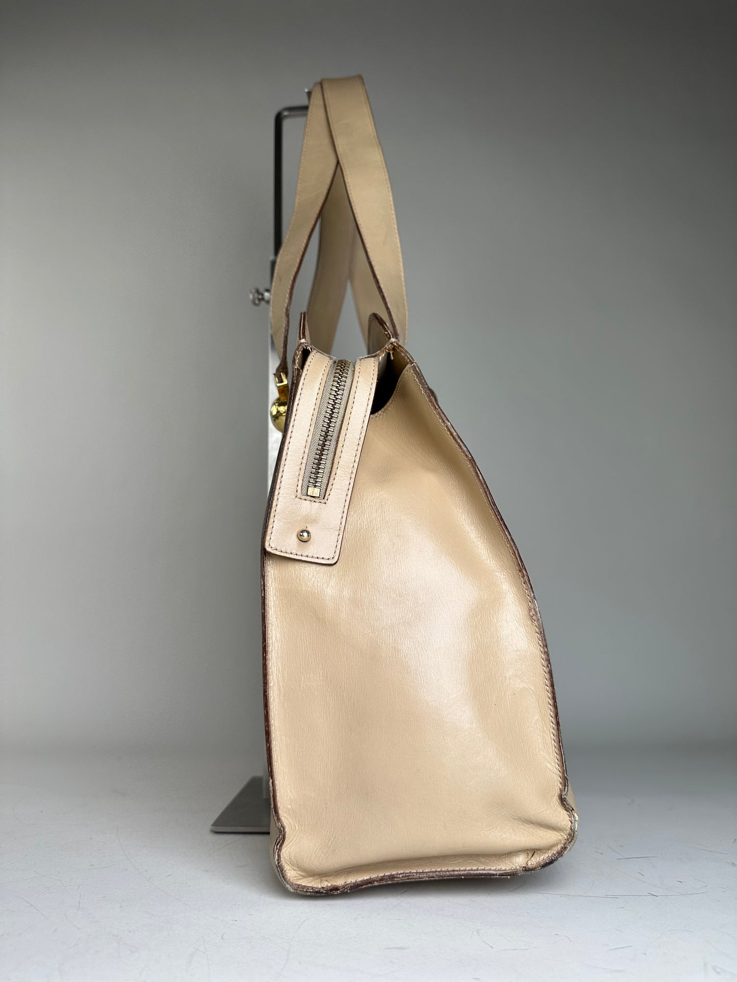 Vintage Celine Grained Leather Shoulder Bag Beige Gold