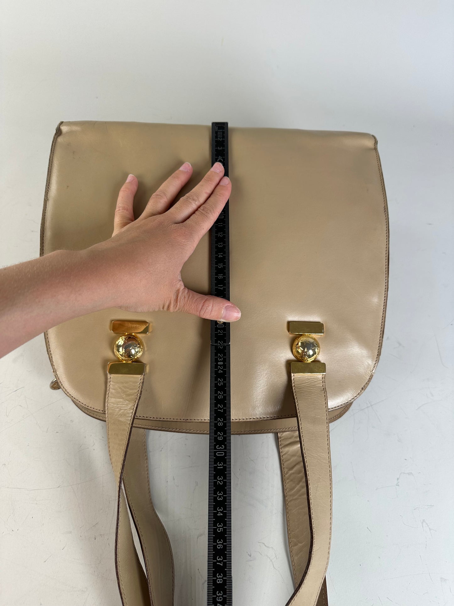 Vintage Celine Grained Leather Shoulder Bag Beige Gold