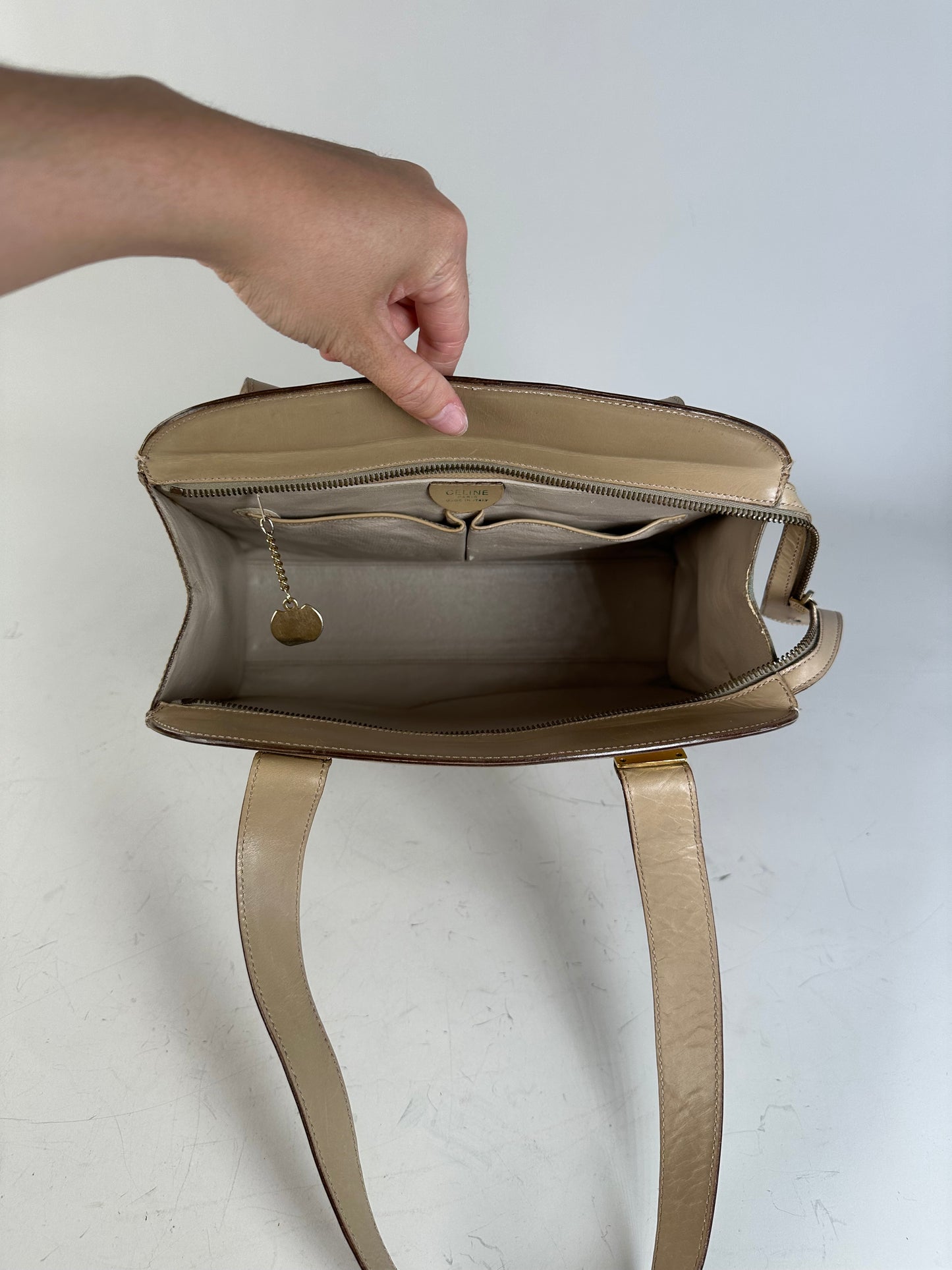 Vintage Celine Grained Leather Shoulder Bag Beige Gold