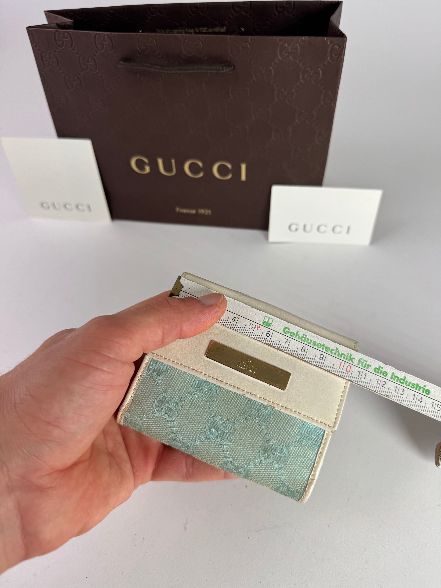 Vintage Gucci Monogram Leather Wallet white turquoise
