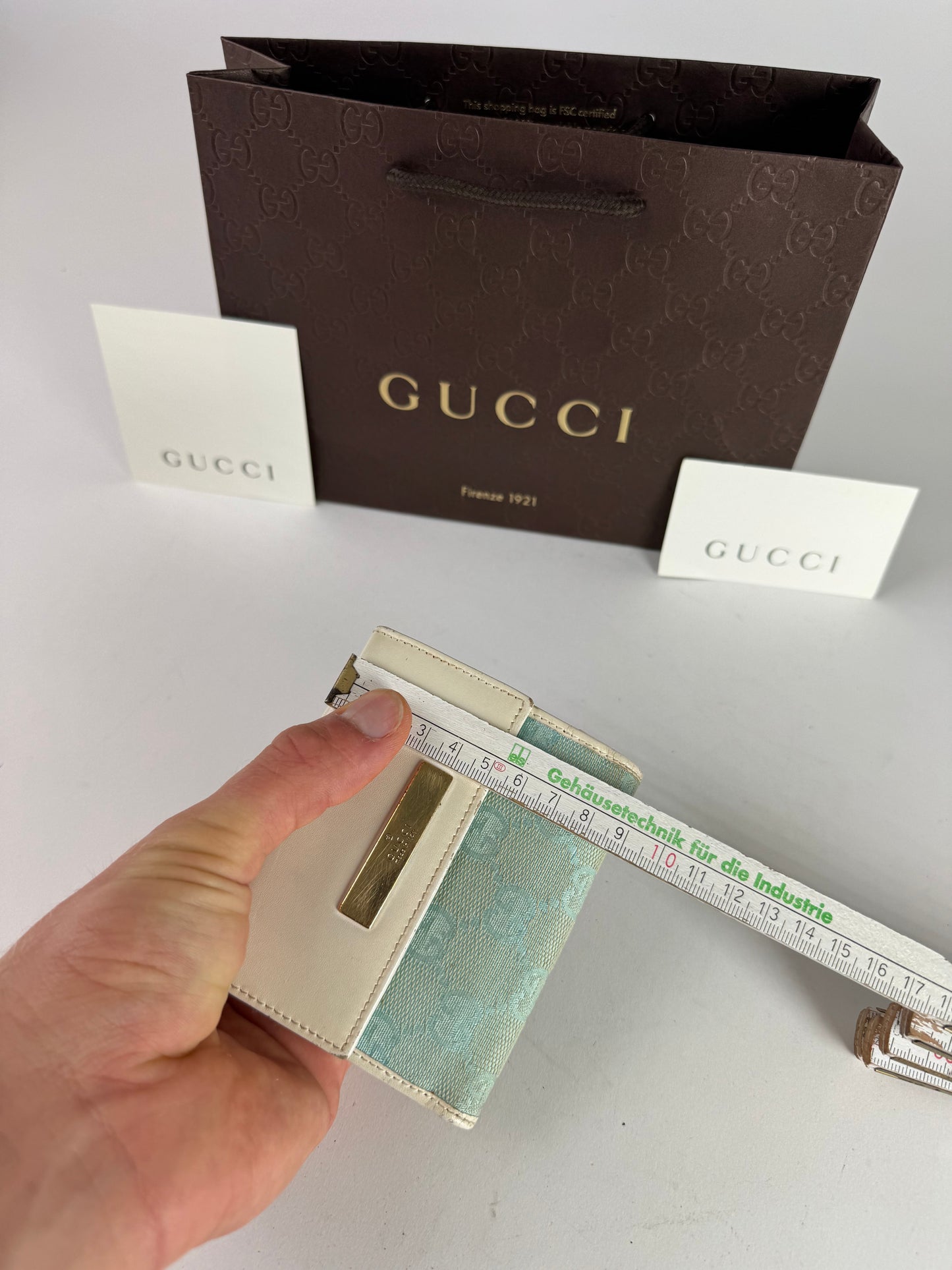Vintage Gucci Monogram Leather Wallet white turquoise