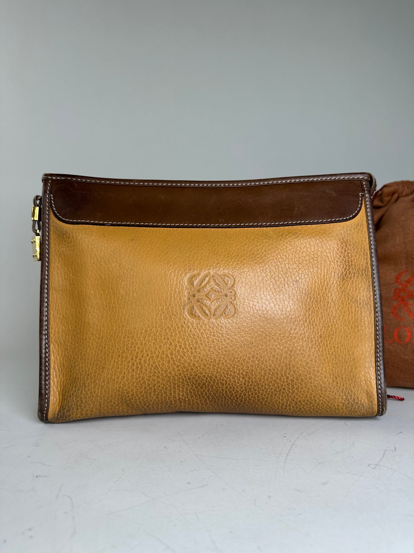 Vintage Loewe Grained Leather Clutch Bag Tan Brown Gold