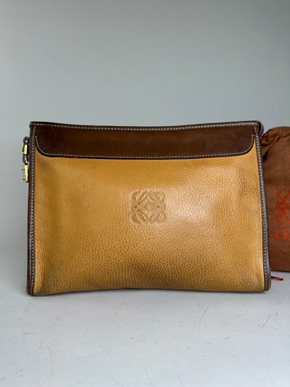Vintage Loewe Grained Leather Clutch Bag Tan Brown Gold
