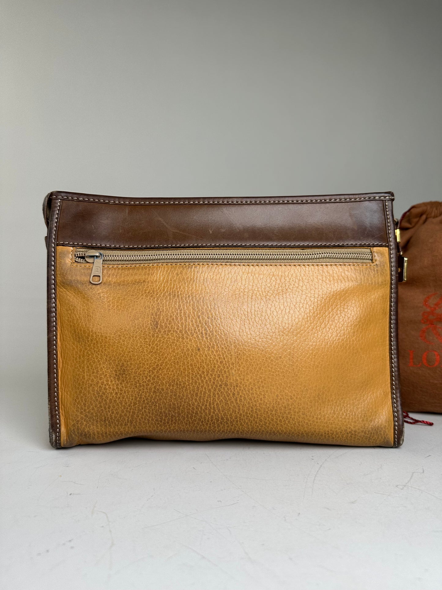 Vintage Loewe Grained Leather Clutch Bag Tan Brown Gold