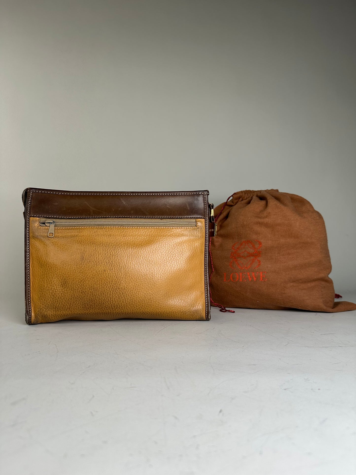 Vintage Loewe Grained Leather Clutch Bag Tan Brown Gold