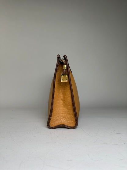 Vintage Loewe Grained Leather Clutch Bag Tan Brown Gold