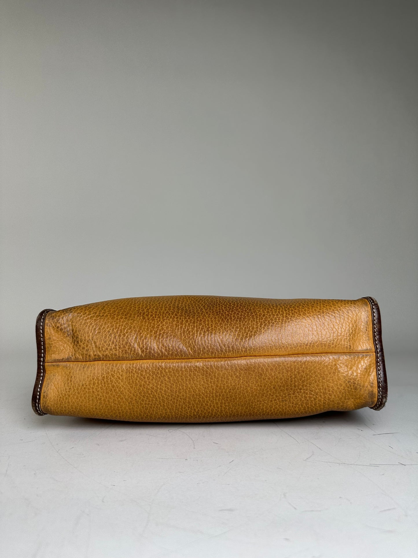 Vintage Loewe Grained Leather Clutch Bag Tan Brown Gold