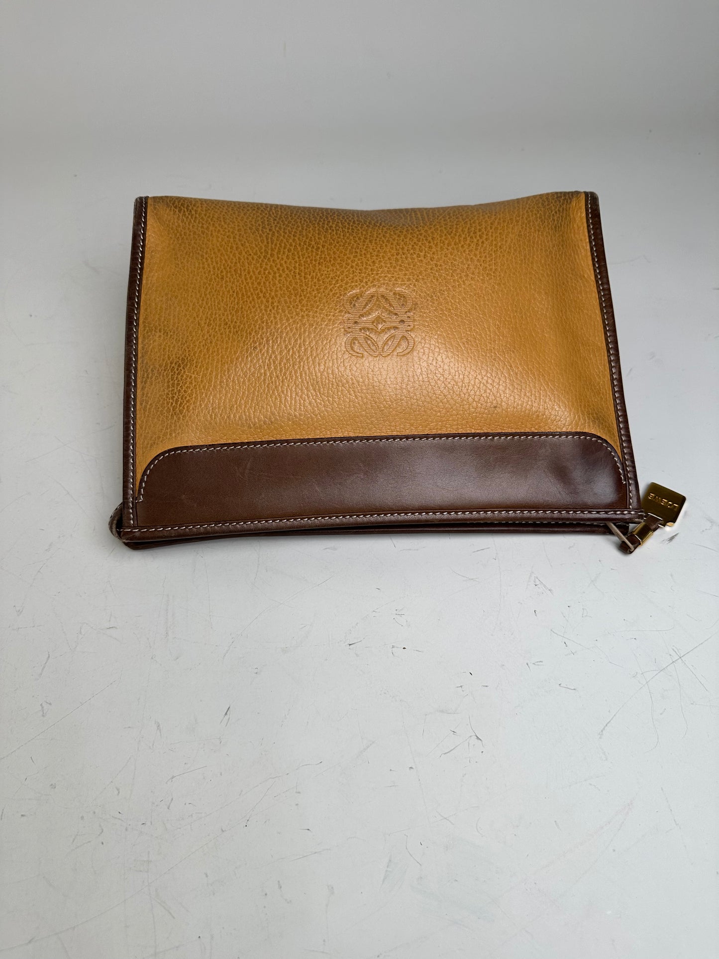 Vintage Loewe Grained Leather Clutch Bag Tan Brown Gold