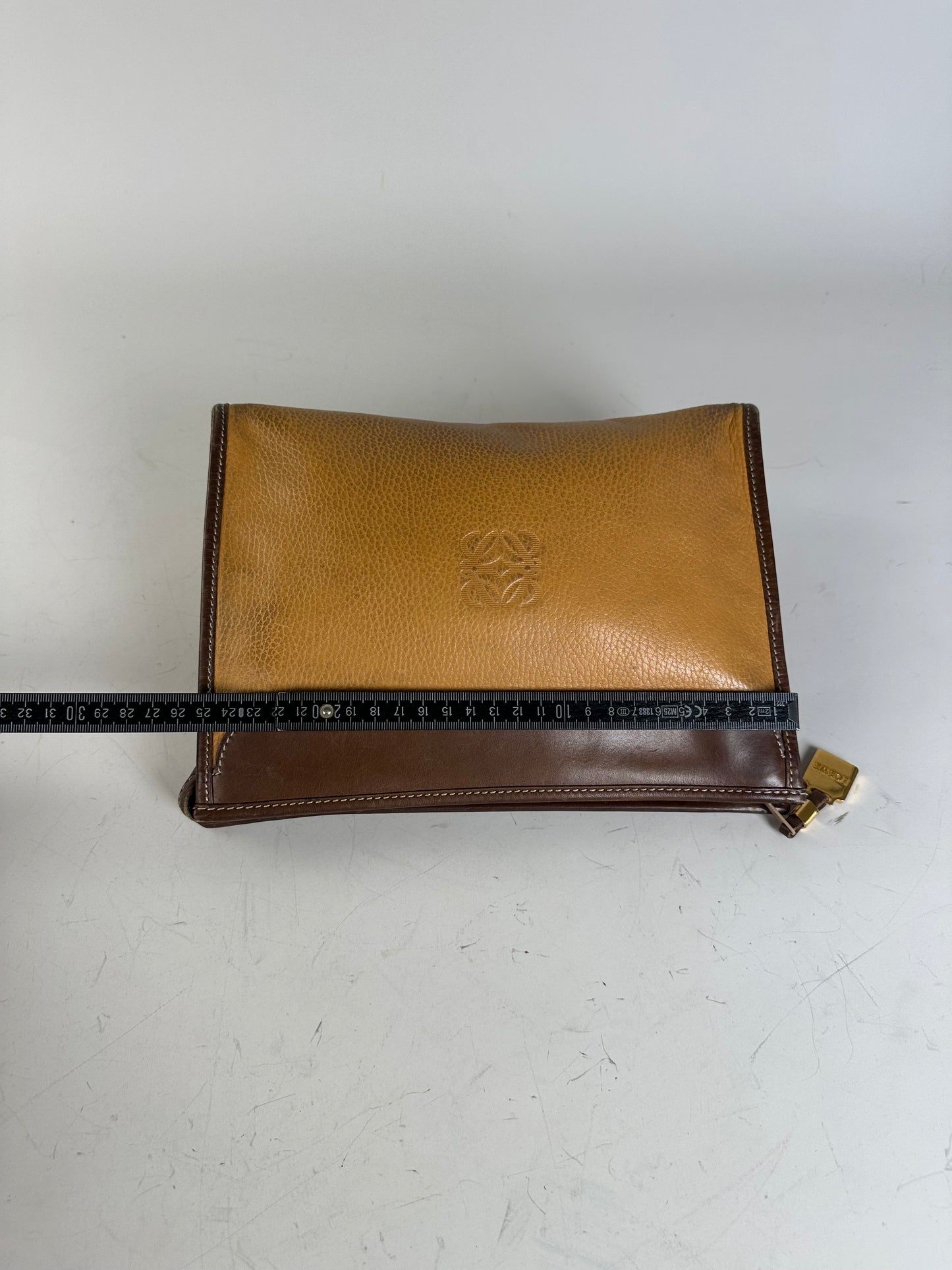 Vintage Loewe Grained Leather Clutch Bag Tan Brown Gold