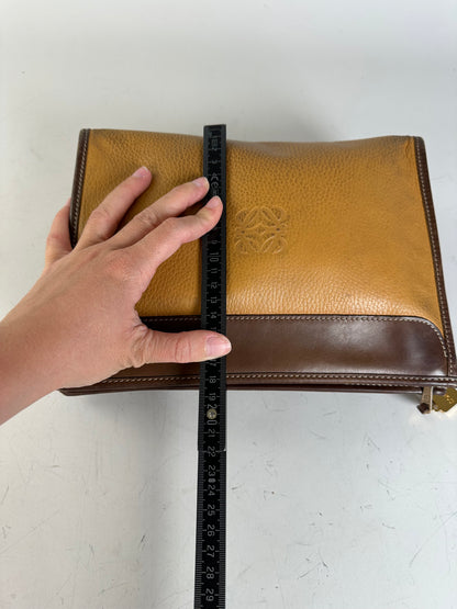 Vintage Loewe Grained Leather Clutch Bag Tan Brown Gold